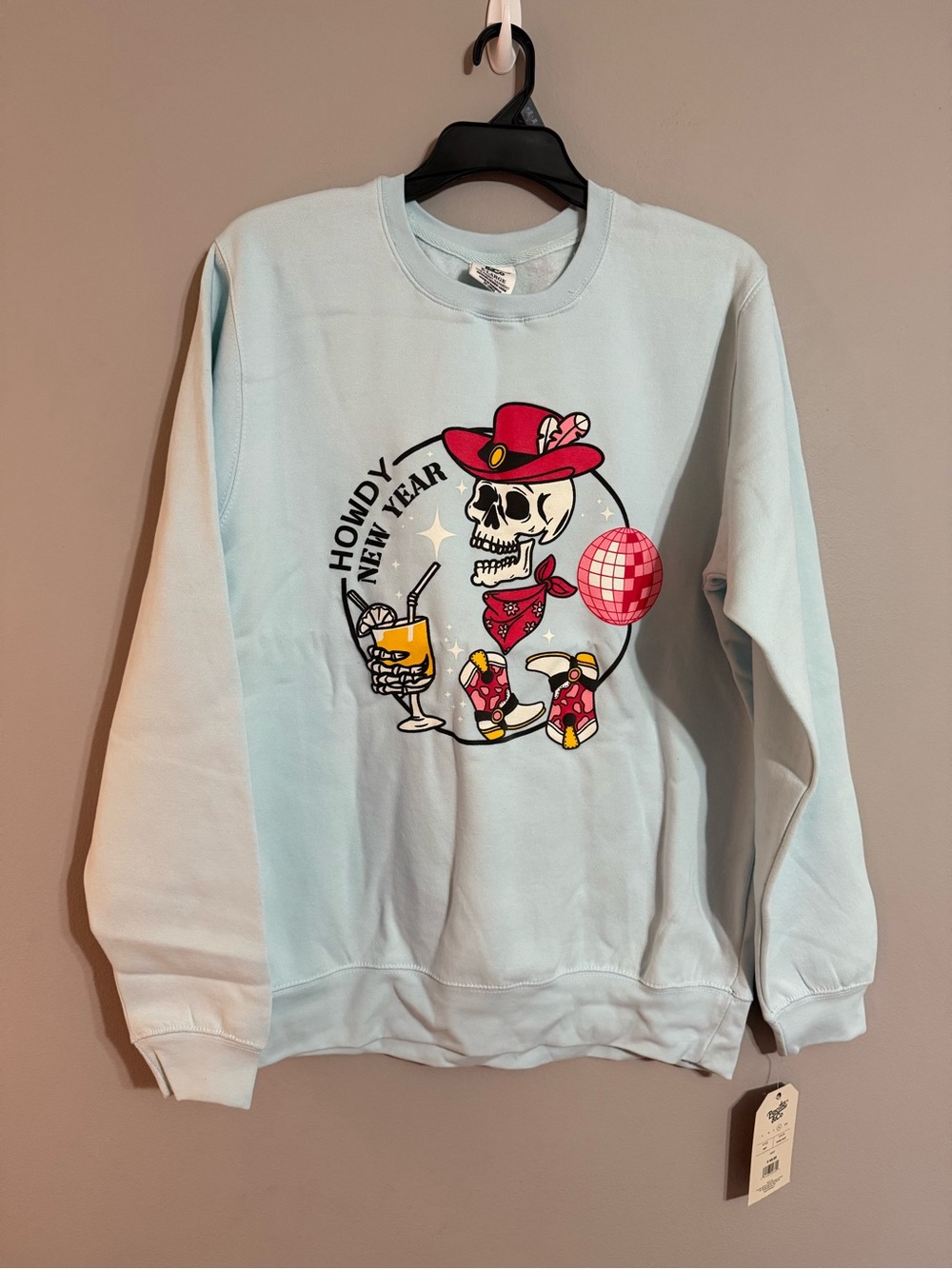 Pacific & Co.  Light Blue Crewneck Sweatshirt - Howdy New Year Skull Design XL